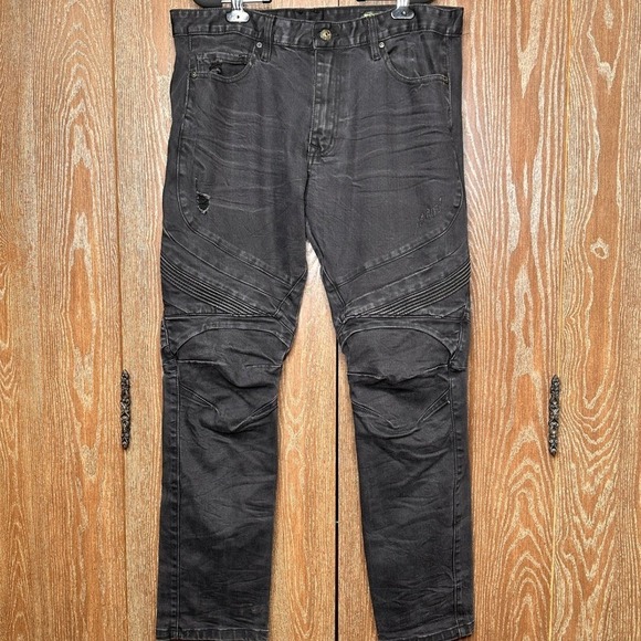 The Unbranded Brand Other - Smoke Rise Men's Slim Fit Moto Biker Jeans Black W38 L32 Distressed Skinny Denim